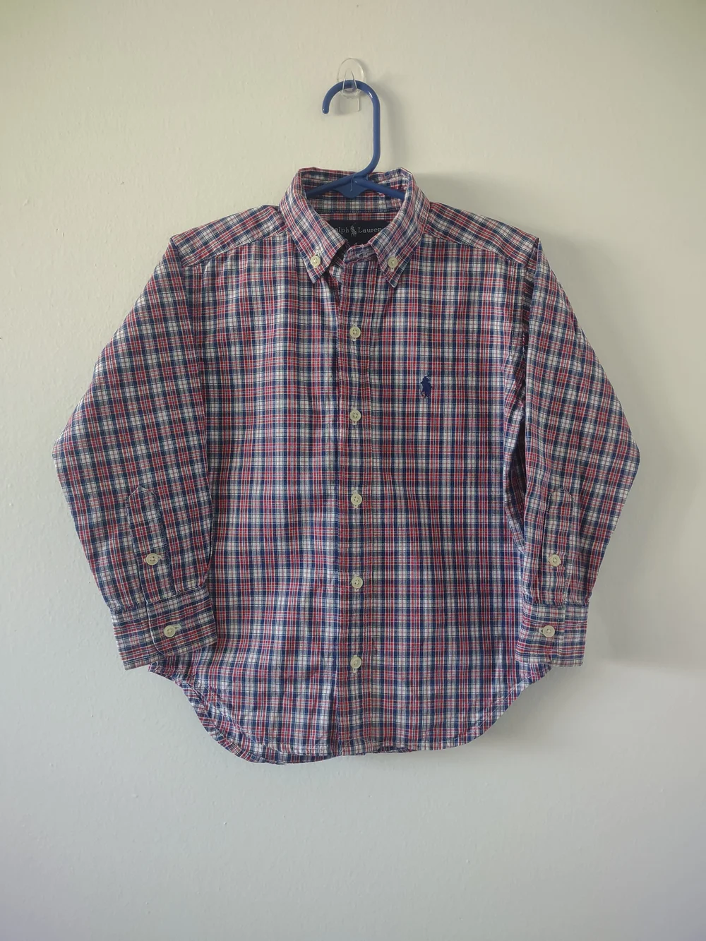 Ralph Lauren Boys Plaid Button-Down Shirt Size 4 Red Blue *Flaw